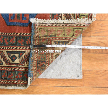 3'4"X11'2" Red Hand Knotted Rug Antique Caucasian Kazak Soft Wool Runner