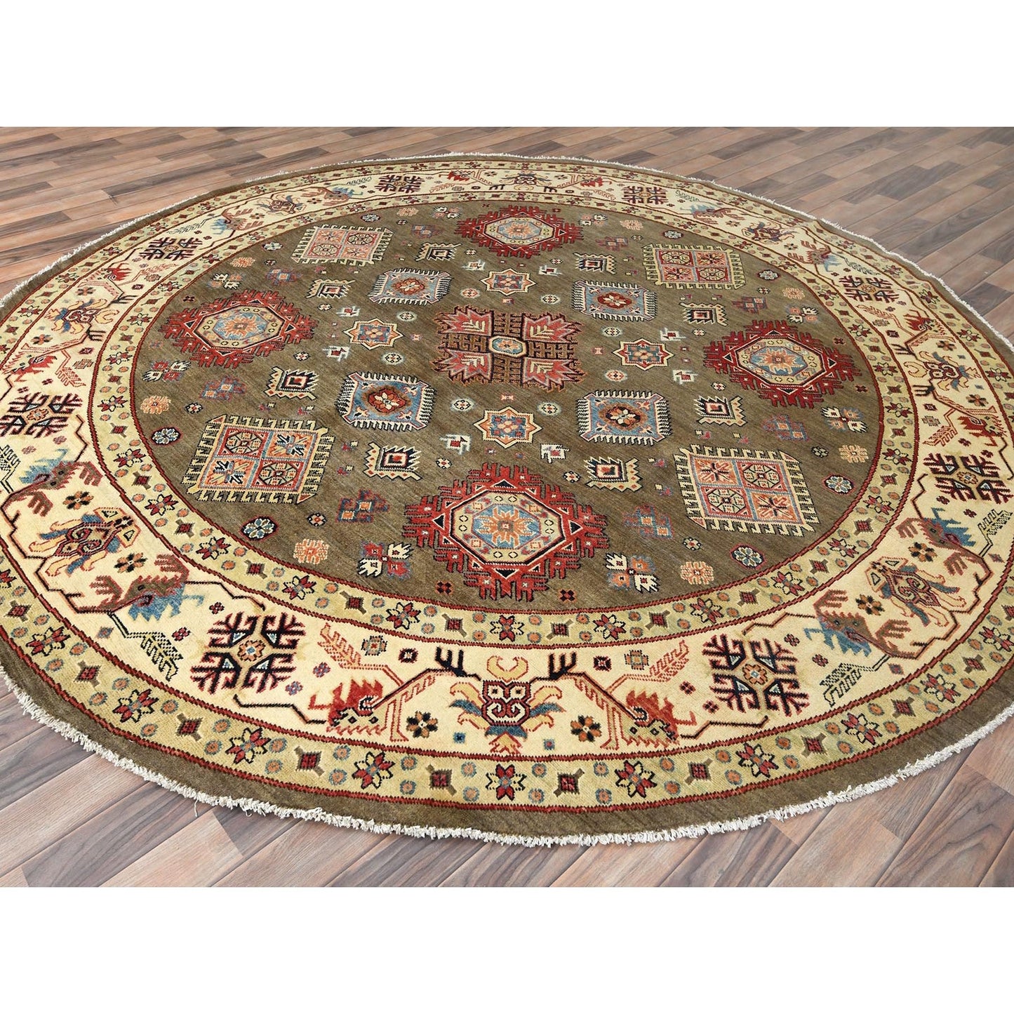 Rug 9'x9' Taupe Brown Special Kazak Pure Wool Hand Knotted Round Oriental