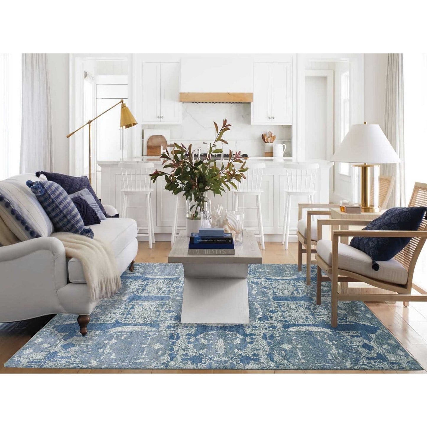 7'10"X10' Blue Wool And Silk Hand Knotted Jewellery Design Oriental Rug