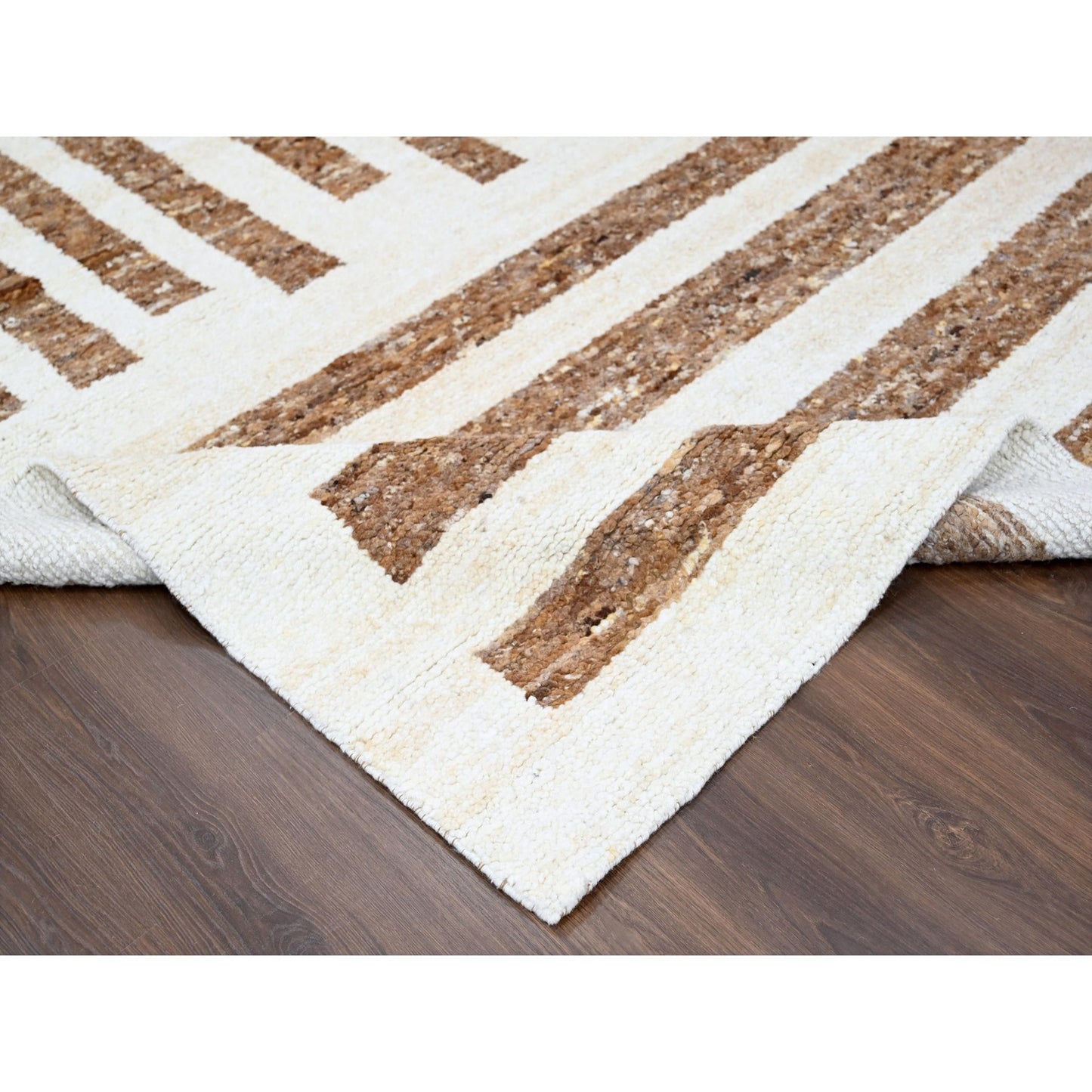 8'2"X9'10"Brown Wool Minimalist Stripe Design Hand Knotted Oriental Rug