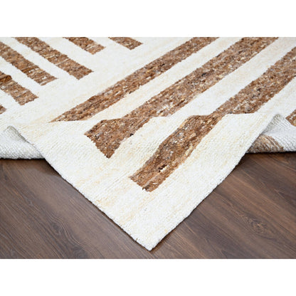 8'2"X9'10"Brown Wool Minimalist Stripe Design Hand Knotted Oriental Rug