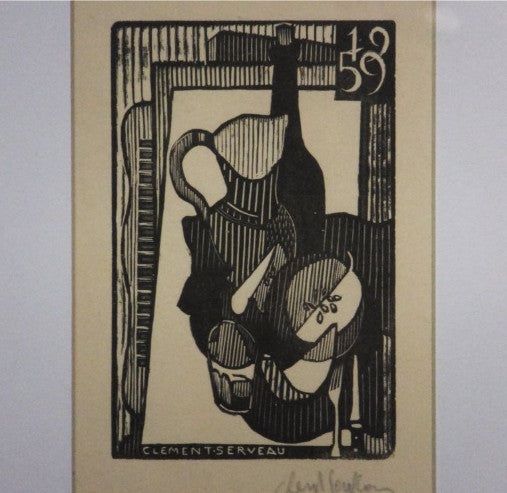 Clment Serveau 1959 Signed Woodcut "Fruits And Wine On Table" French Modernist