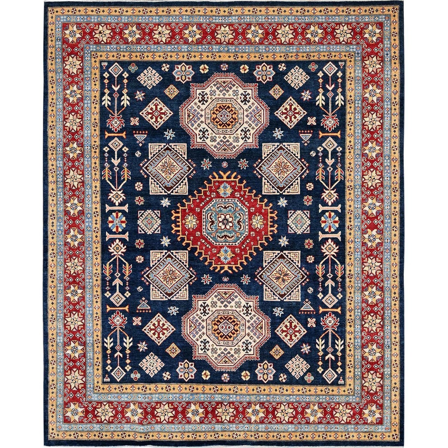 8'X9'10" Navy Afghan Special Kazak Geometric Design Wool Hand Knotted Rug