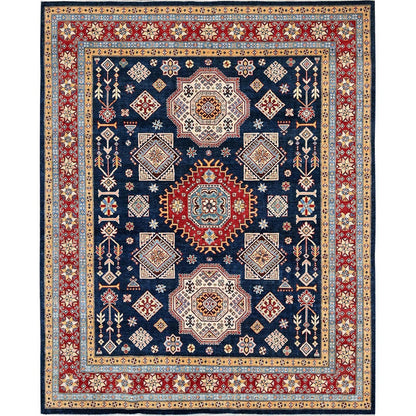 8'X9'10" Navy Afghan Special Kazak Geometric Design Wool Hand Knotted Rug