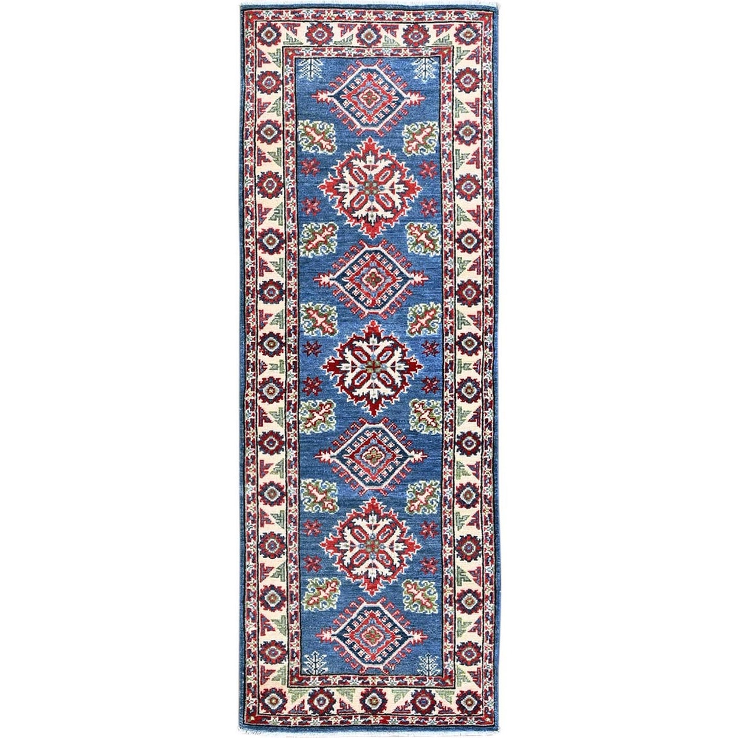 2'1"X5'10" Blue Kazak With Tribal Design Hand Knotted Soft Wool Runner Rug