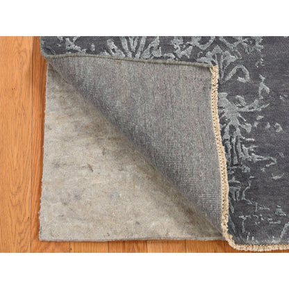 2'9"X6'9" Gray Erased Abarasque Design Wool And Silk Handmade Runner Rug