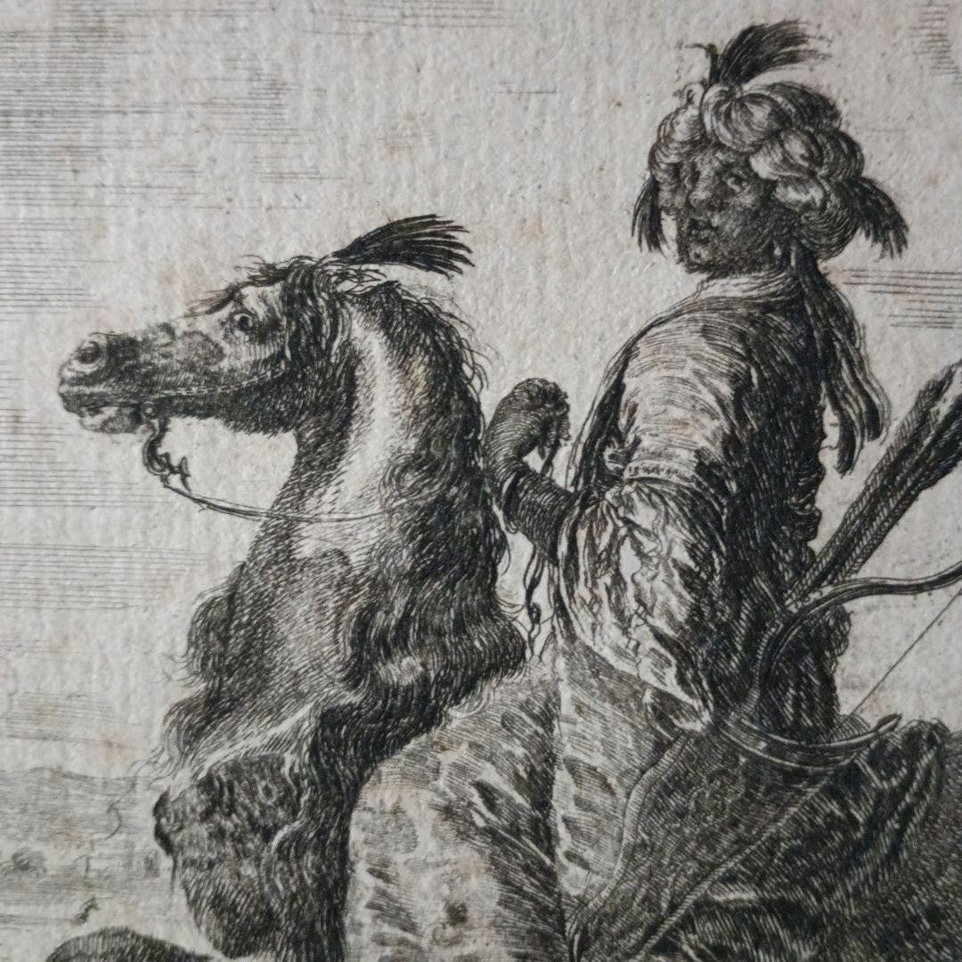 Stefano Della Bella Original Etching 1640 Coloured Man On Horseback Paris Coa