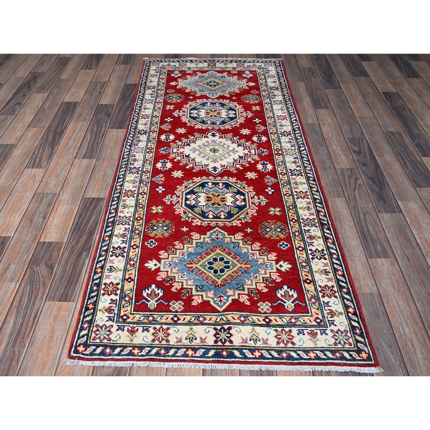 2'9"X6'6" Red Kazak With Geometric Design Soft Wool Hand Knotted Runner Rug