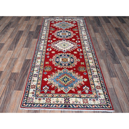 2'9"X6'6" Red Kazak With Geometric Design Soft Wool Hand Knotted Runner Rug