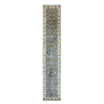 2'7"X14' Yarmouth Blue Hand Knotted Rajasthan Design Silk Wool Runner Rug