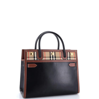 Burberry Title Two Handle Tote Leather With Vintage Check Canvas Small