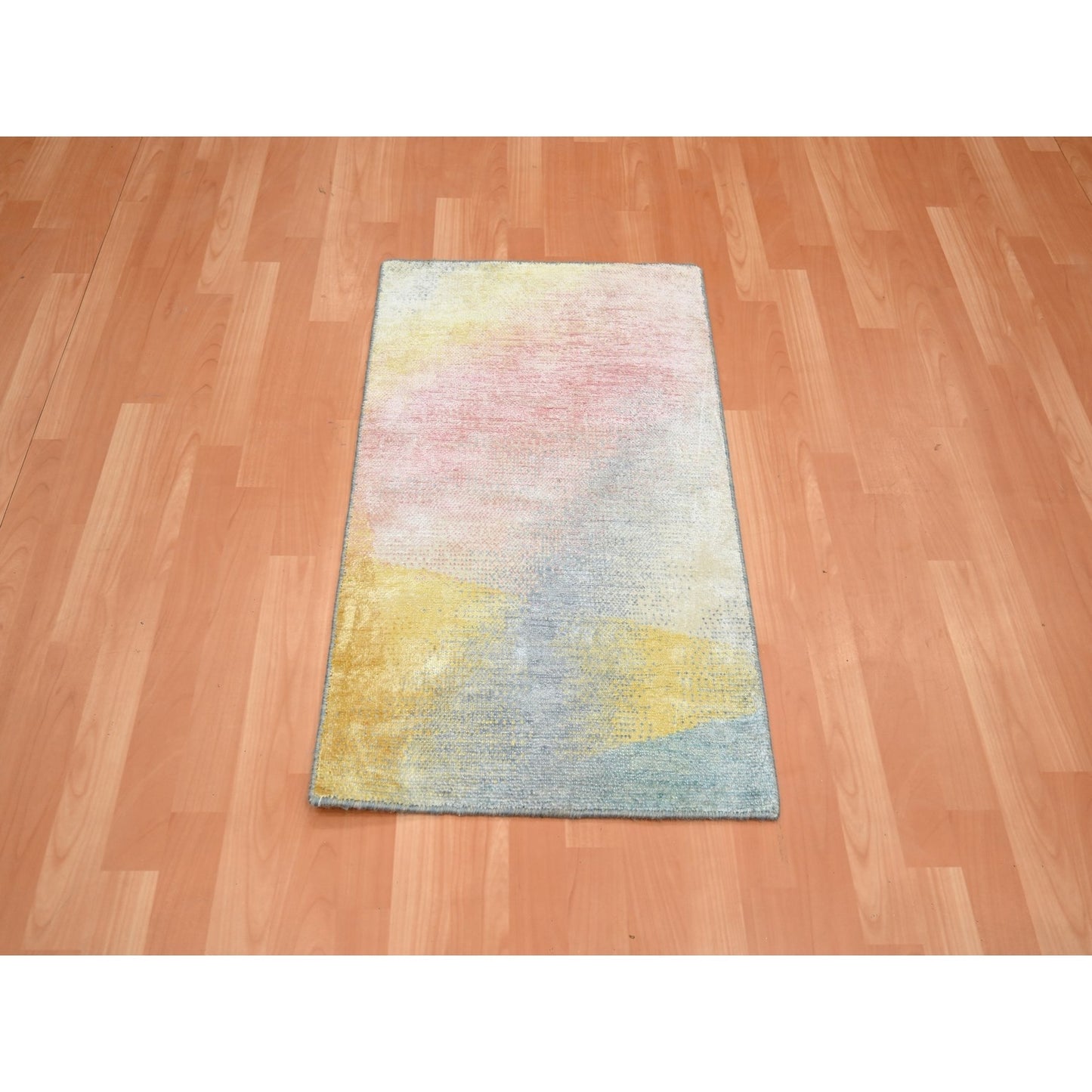 2'X3'1" Pink Pastel Colors Modern Design Wool & Silk Hand Knotted Mat Rug