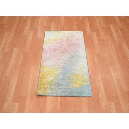 2'X3'1" Pink Pastel Colors Modern Design Wool & Silk Hand Knotted Mat Rug