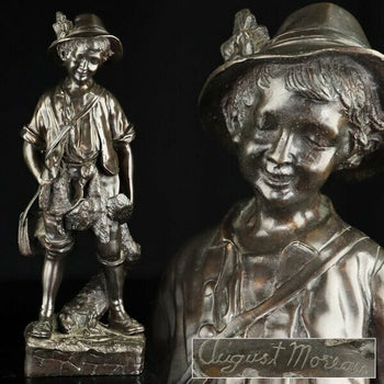 Auguste Moreau 1900S Antique French Bronze Statue - Little Hunter 20In Tall
