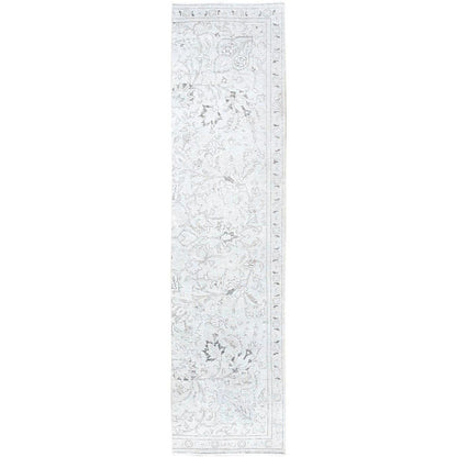 2'6"X10' White Fragment Old Tebraz Hand Knotted Worn Pure Wool Runner Rug
