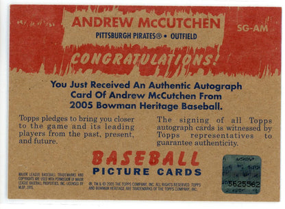 Andrew Mccutchen Autographed 2005 Bowman Heritage Rookie Card #Sg-Am