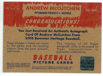 Andrew Mccutchen Autographed 2005 Bowman Heritage Rookie Card #Sg-Am