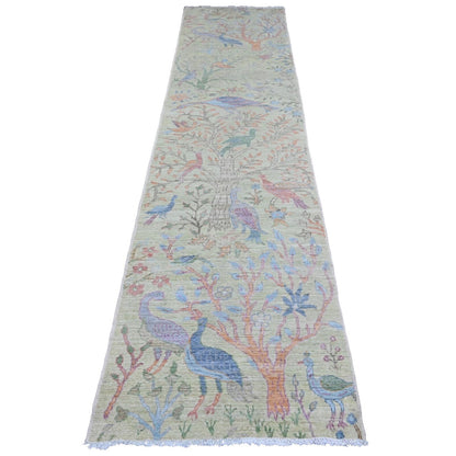 2'9"X11'8" Green Hand Knotted Peshawar Birds Design Soft Wool Runner Rug