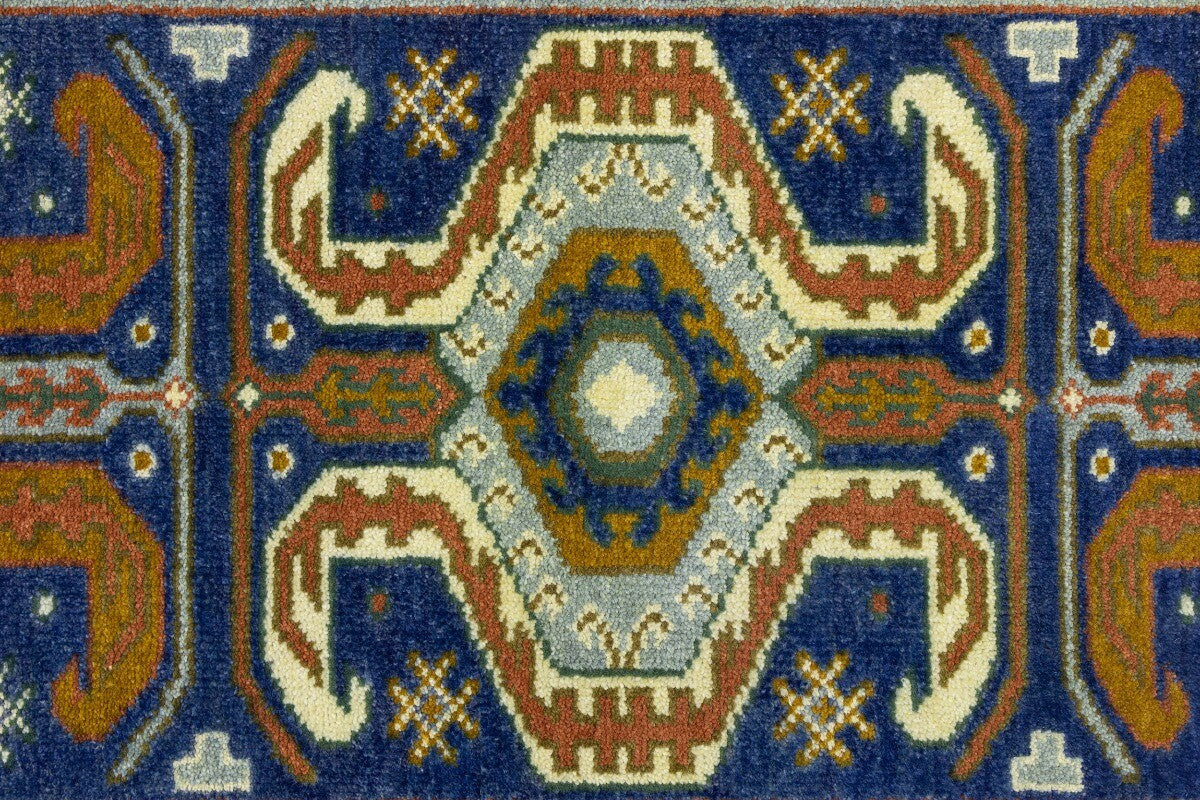 Navy Blue Geometric Tribal Kazak Rug Wool