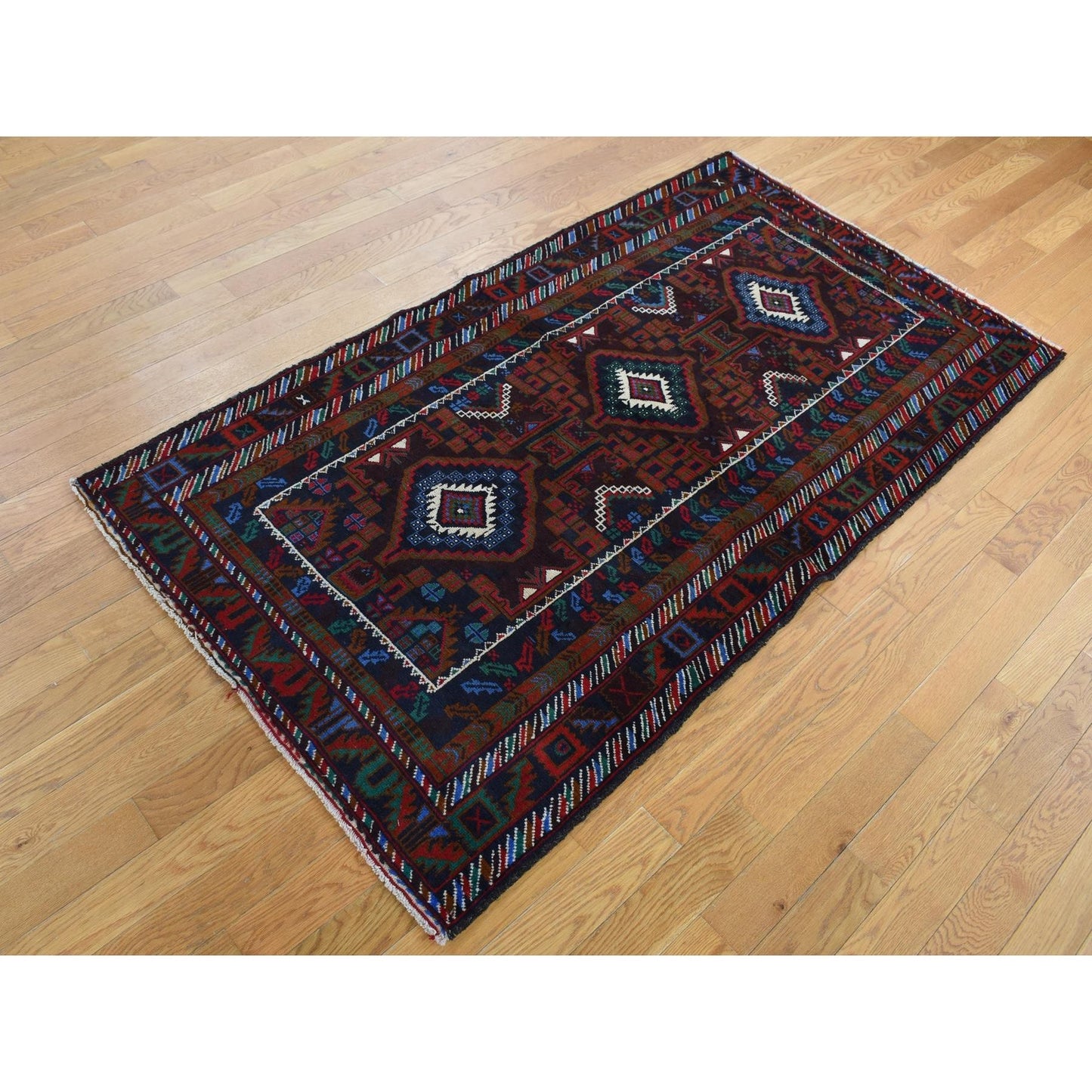 3'7"X6'6" Brown Afghan Baloch Geometric Design Pure Wool Hand Knotted Rug