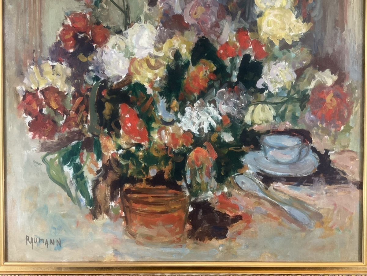 15F Joseph Raumann (Hungary) Oil Painting "Flowers and Blue Teacup" Still Life