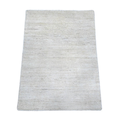 2'1"X3' Bone White Single Color Modern Peshawar Hand Knotted Wool Mat Rug