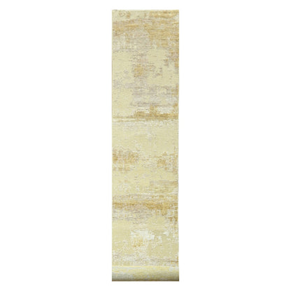 2'6"X19' Ivory Abstract Design Wool And Silk Hand Knotted Xl Runner Rug