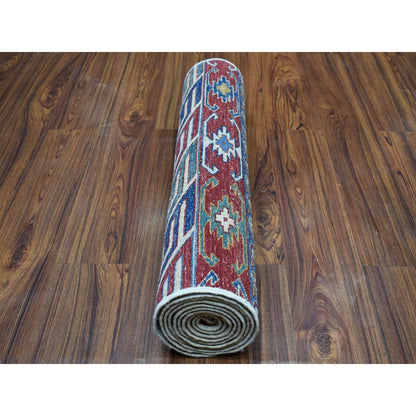 2'4"X9'2" Khorjin Design Super Kazak Tribal Pure Wool Hand Knotted Rug