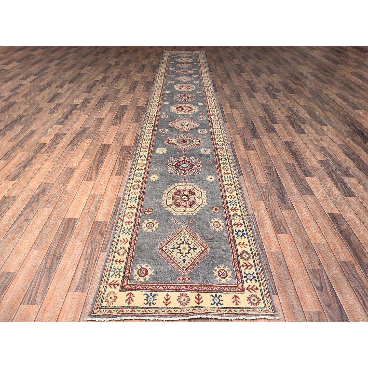 3'X18'7" Gray Kazak With Geometric Design Hand Knotted Rug Wool Runner