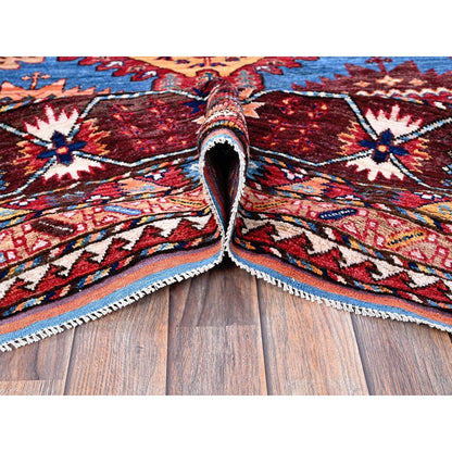 10'1"X13'4" Blue Afghan Caucasian Design Revival Hand Knotted Soft Wool Rug