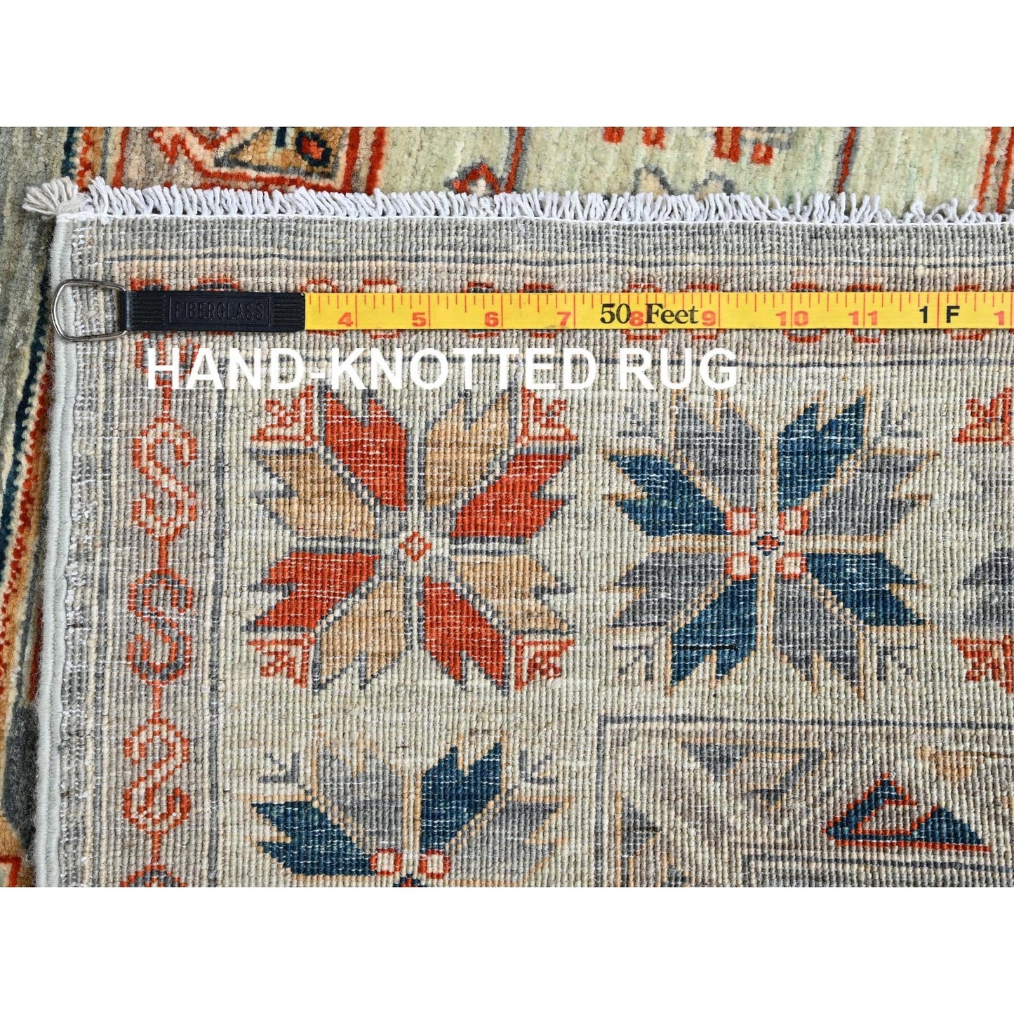 4'X9'5" Light Green Caucasian Design Soft Wool Hand Knotted Runner Rug