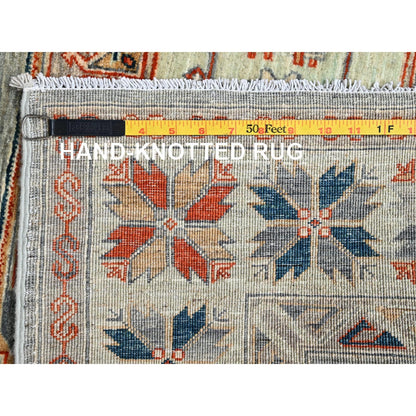 4'X9'5" Light Green Caucasian Design Soft Wool Hand Knotted Runner Rug