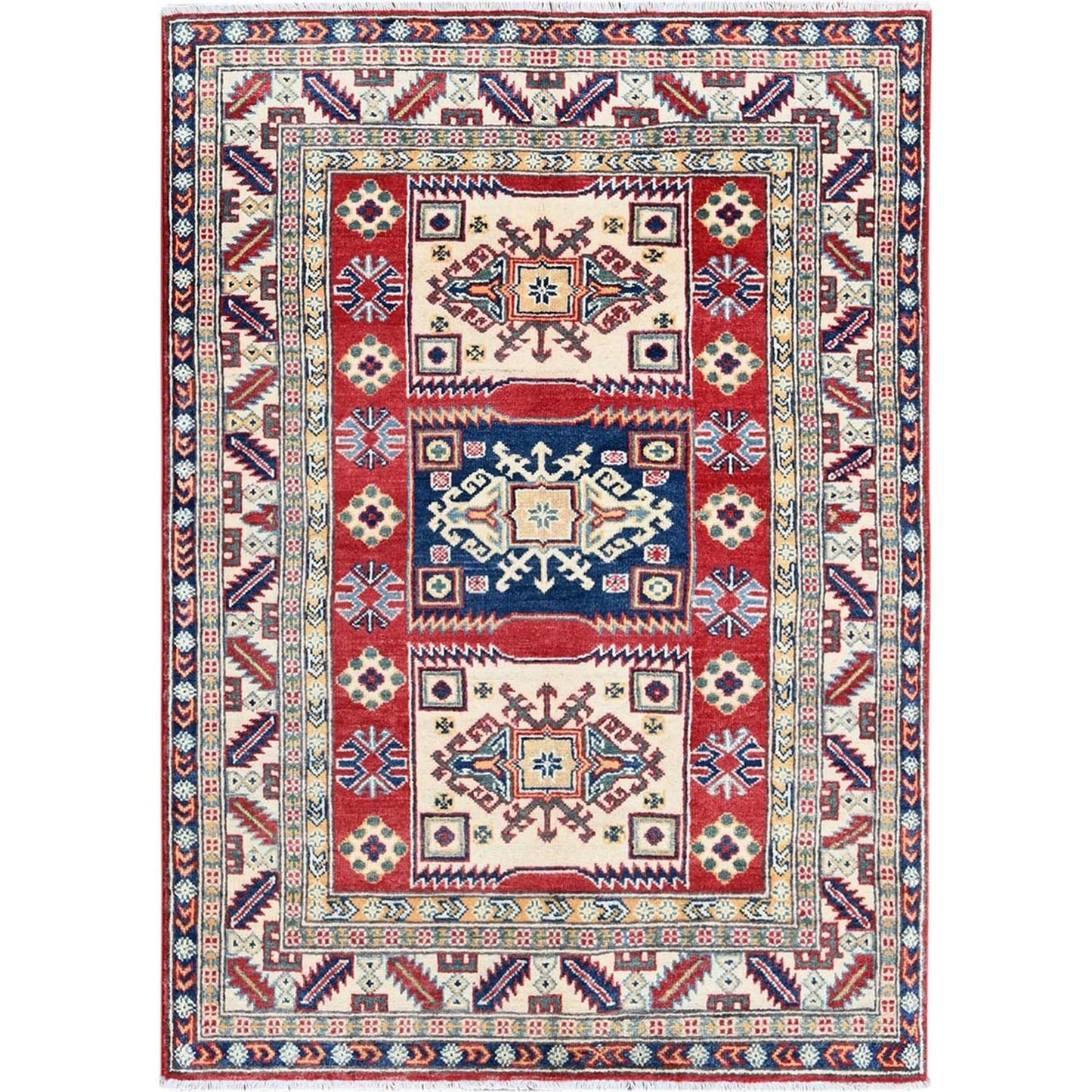 3'9"X5'3" Red Kazak With Geometric Medallions Design Hand Knotted Wool Rug