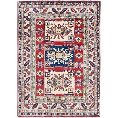 3'9"X5'3" Red Kazak With Geometric Medallions Design Hand Knotted Wool Rug