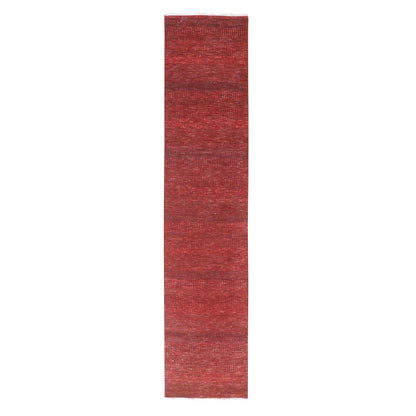 2'6"X11'10" Red Modern Grass Design Hand Knotted Wool And Silk Runner Rug