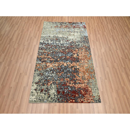 Rug 4'x6'2" Gray with Orange Abstract Design Pure Wool Hand Knotted