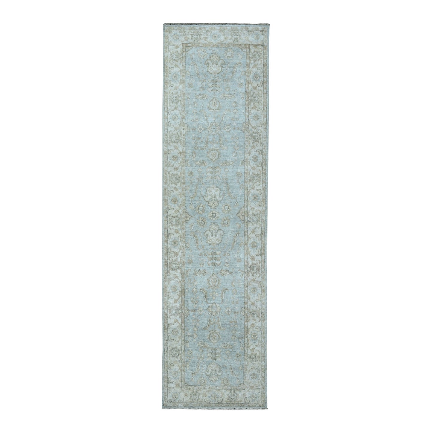 2'7"X9'9" White Wash Peshawar Pure Wool Hand-Knotted Oriental Runner Rug
