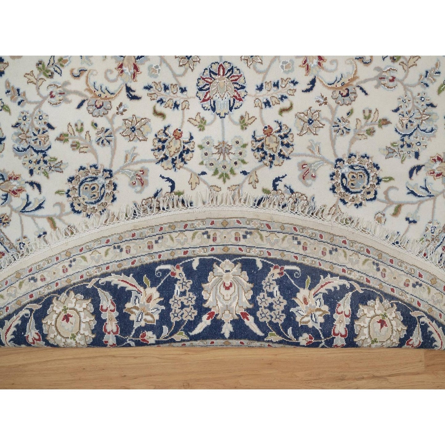 7'9"X7'9" Ivory Wool And Silk Nain Flower Design Hand Knotted Round Rug
