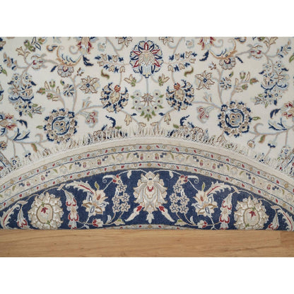 7'9"X7'9" Ivory Wool And Silk Nain Flower Design Hand Knotted Round Rug