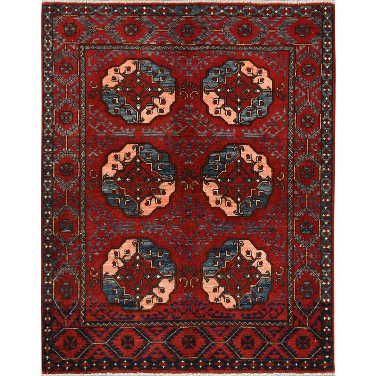 3'5"X4'4" Red Afghan Ersari Elephant Feet Design Wool Hand Knotted Rug