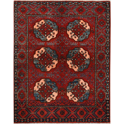 3'5"X4'4" Red Afghan Ersari Elephant Feet Design Wool Hand Knotted Rug