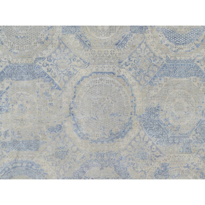 9'X11'9" Ivory-Blue Pure Natural Linen Mamluk Design Hand Knotted Rug