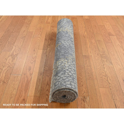 3'2"X9'10" Gray Zoroastrian Design Wool And Silk Runner Hand Knotted Rug