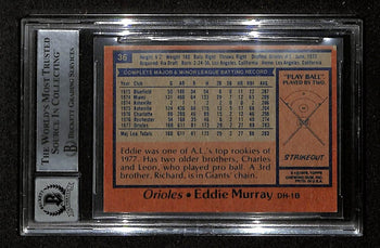 Eddie Murray Hof Signed/Inscr On Card 1978 Topps Rc Card #36 Bas/Beckett Auto 10