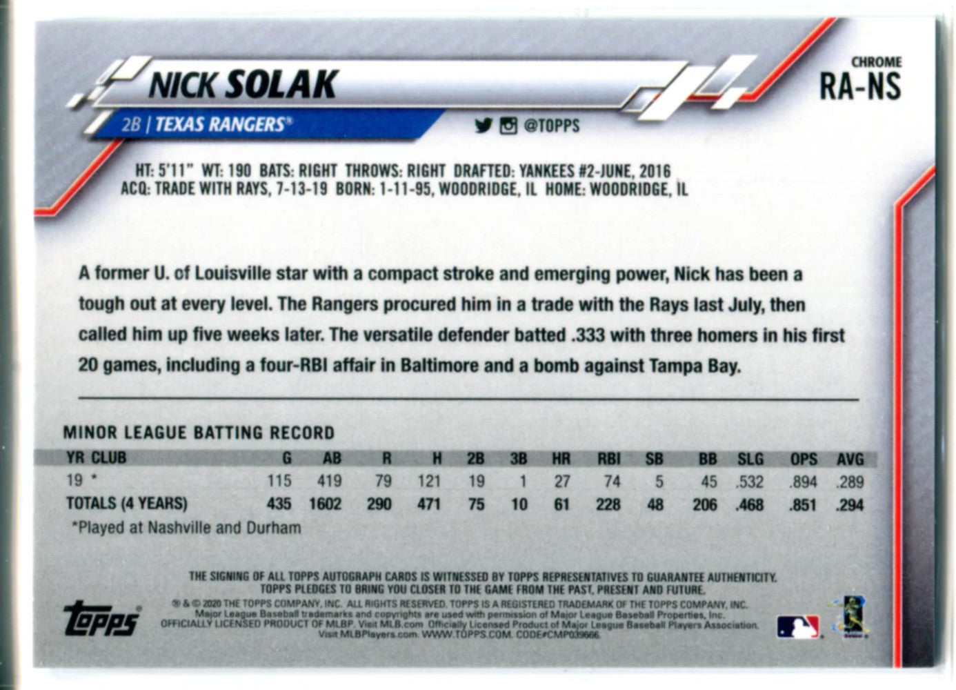 Nick Solak Autographed 2020 Topps Chrome Rookie Card #Ra-Ns