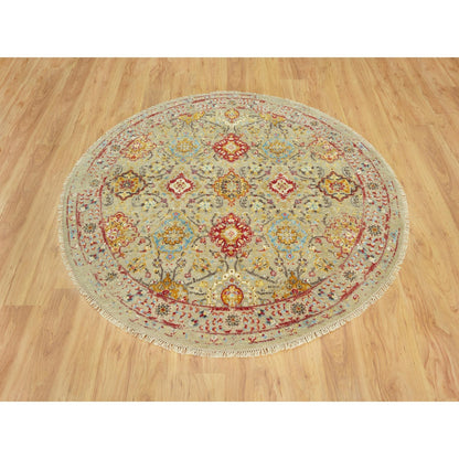 6'X6' Camel Wool And Silk Sunset Rosettes Hand Knotted Round Oriental Rug