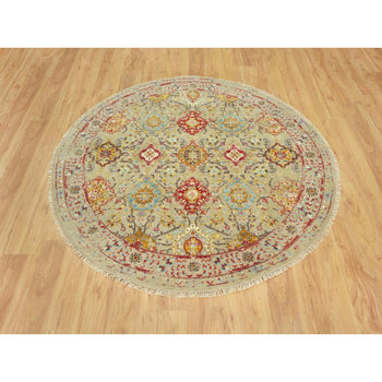 6'X6' Camel Wool And Silk Sunset Rosettes Hand Knotted Round Oriental Rug