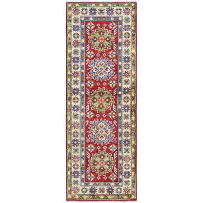 2'X5'10" Red Kazak With Tribal Design Soft Wool Hand Knotted Runner Rug