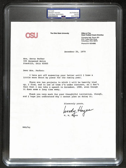 Woody Hayes Signed/Auto 9X11 1979 Tls Letter Ohio State Univ Psa/Dna 198791