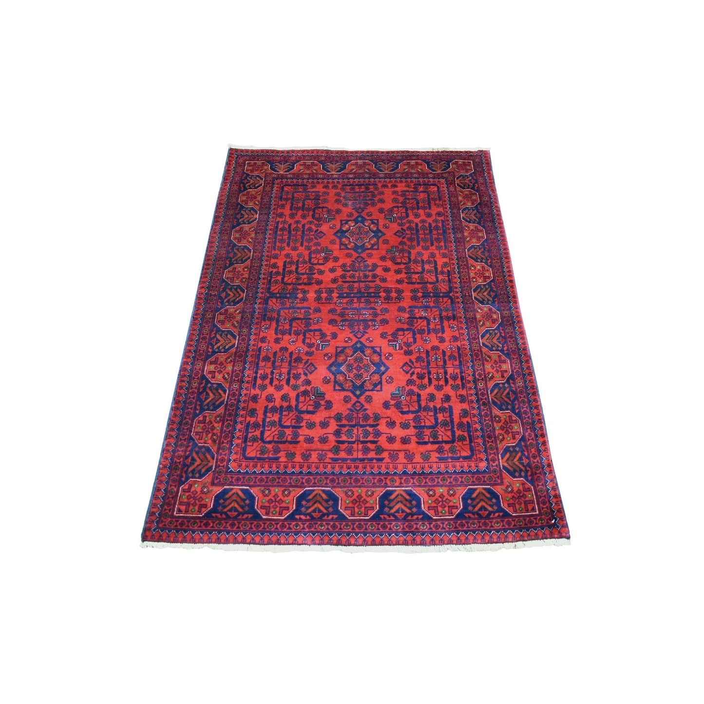 3'4"X4'8" Deep Red Pure Wool Hand Knotted Afghan Khamyab Rug